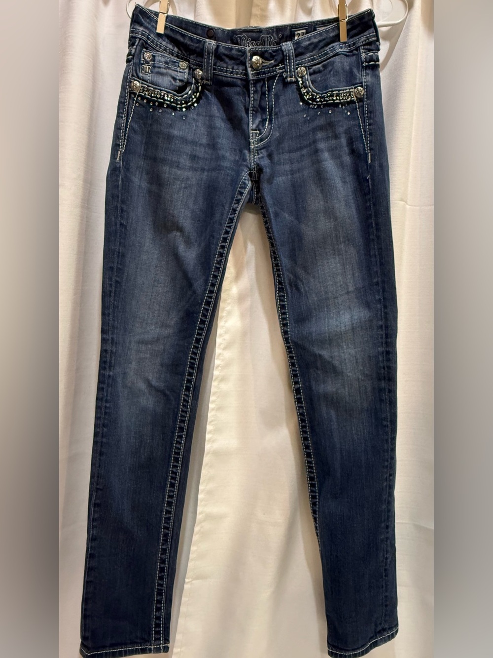 Miss Me Rhinestone Faux Flap Skinny Jeans 27